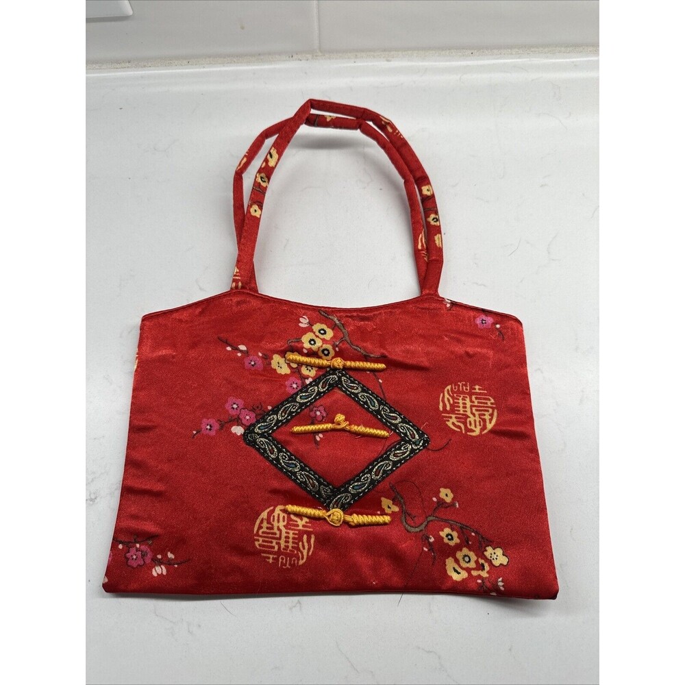 Red & Gold Satin Asian Print Small Purse Bag Zip